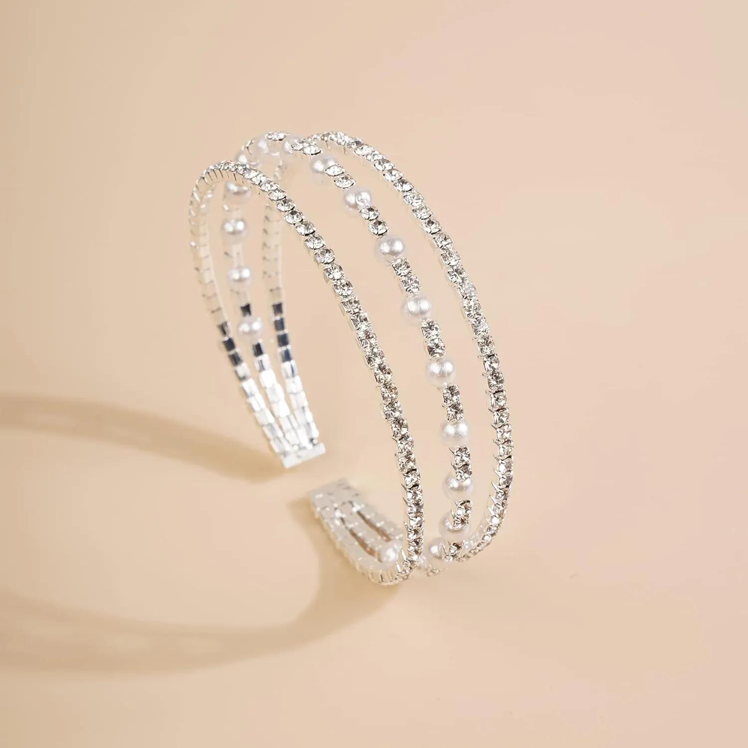 YERTTER Multi Row Layered Glitter Bracelets Faux Pearl Bracelet Stretch Tennis Chain Rhinestone Adjustable Band Cuff Elastic Bangle 1920s Bridal Body Jewelry Accessories for Women and Girls Wedding