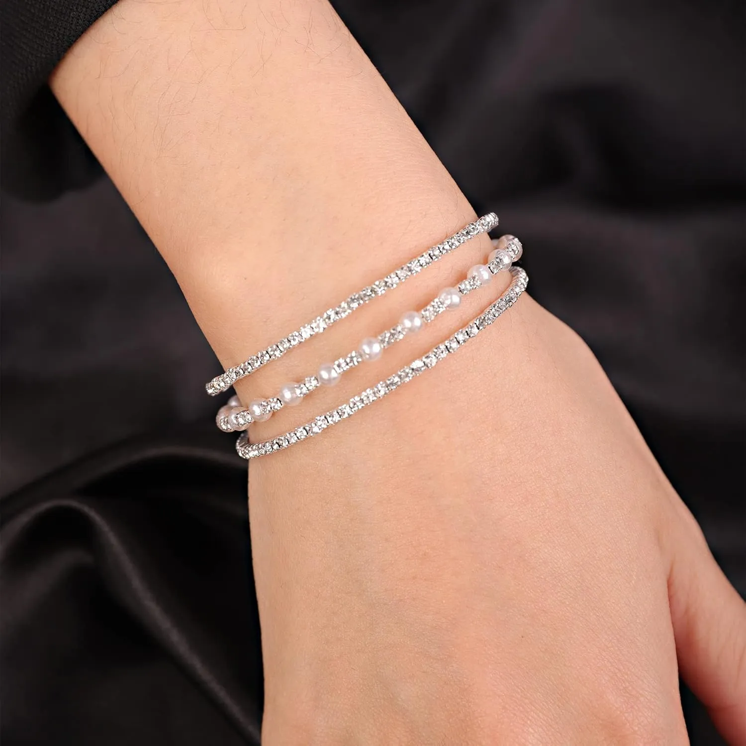 YERTTER Multi Row Layered Glitter Bracelets Faux Pearl Bracelet Stretch Tennis Chain Rhinestone Adjustable Band Cuff Elastic Bangle 1920s Bridal Body Jewelry Accessories for Women and Girls Wedding