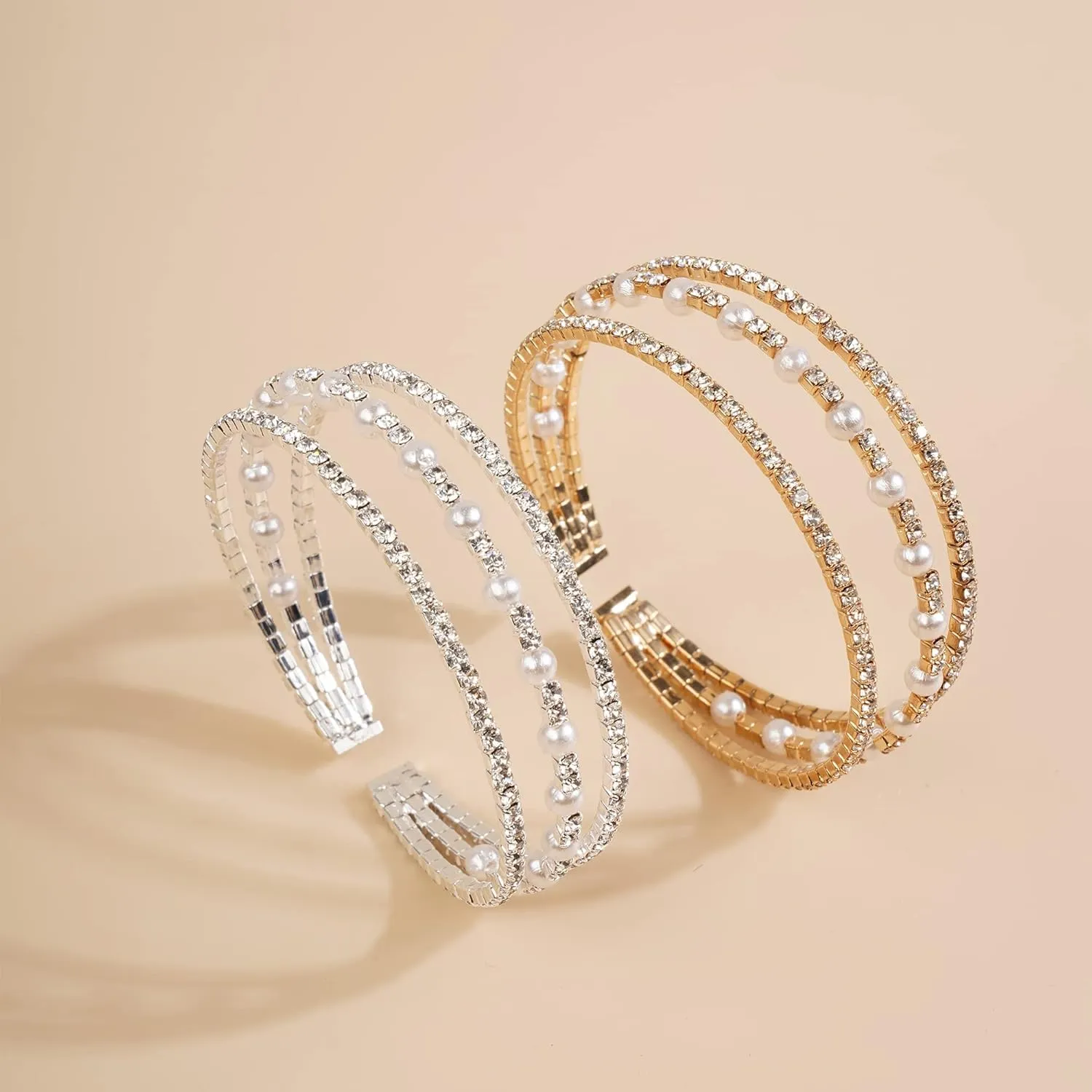 YERTTER Multi Row Layered Glitter Bracelets Faux Pearl Bracelet Stretch Tennis Chain Rhinestone Adjustable Band Cuff Elastic Bangle 1920s Bridal Body Jewelry Accessories for Women and Girls Wedding