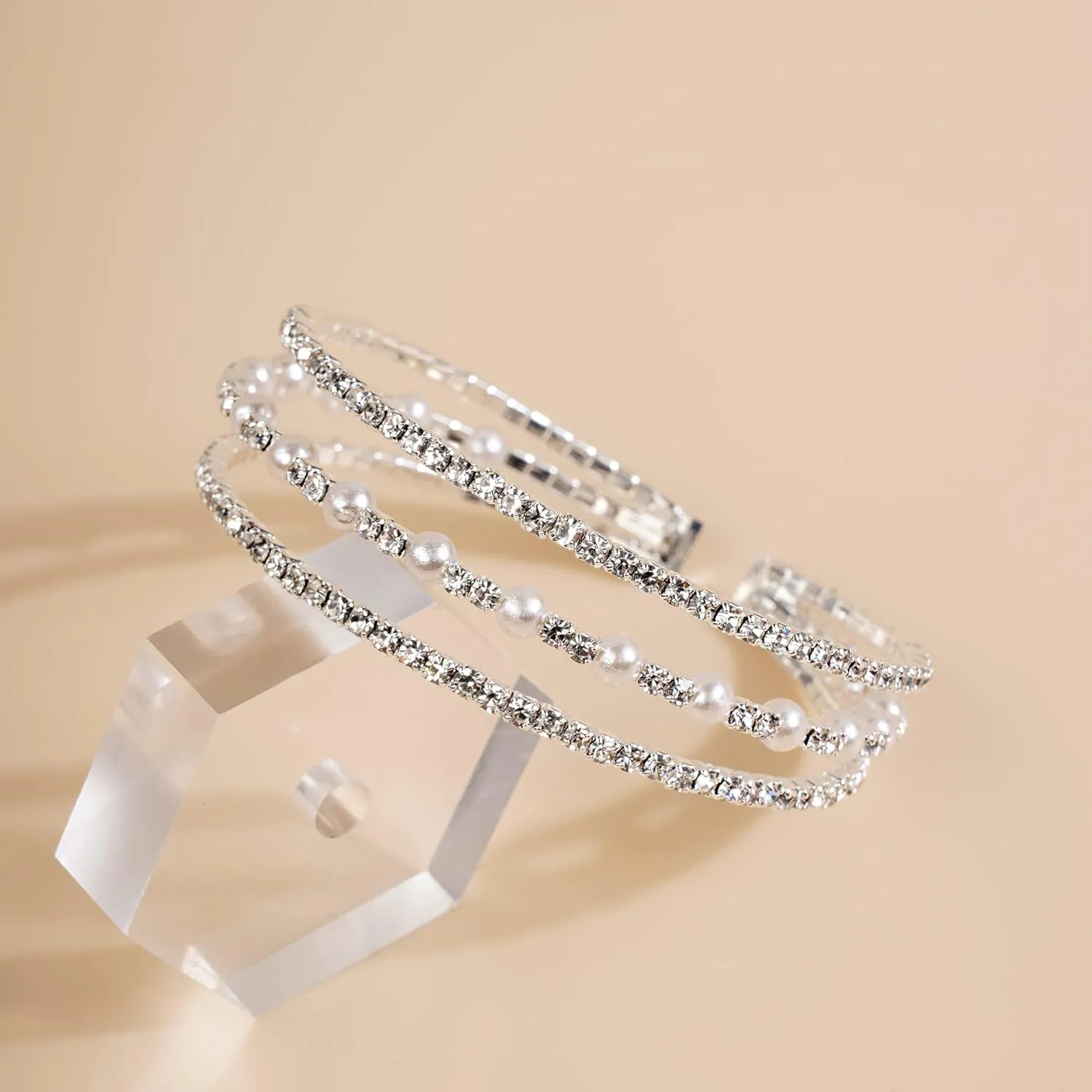 YERTTER Multi Row Layered Glitter Bracelets Faux Pearl Bracelet Stretch Tennis Chain Rhinestone Adjustable Band Cuff Elastic Bangle 1920s Bridal Body Jewelry Accessories for Women and Girls Wedding