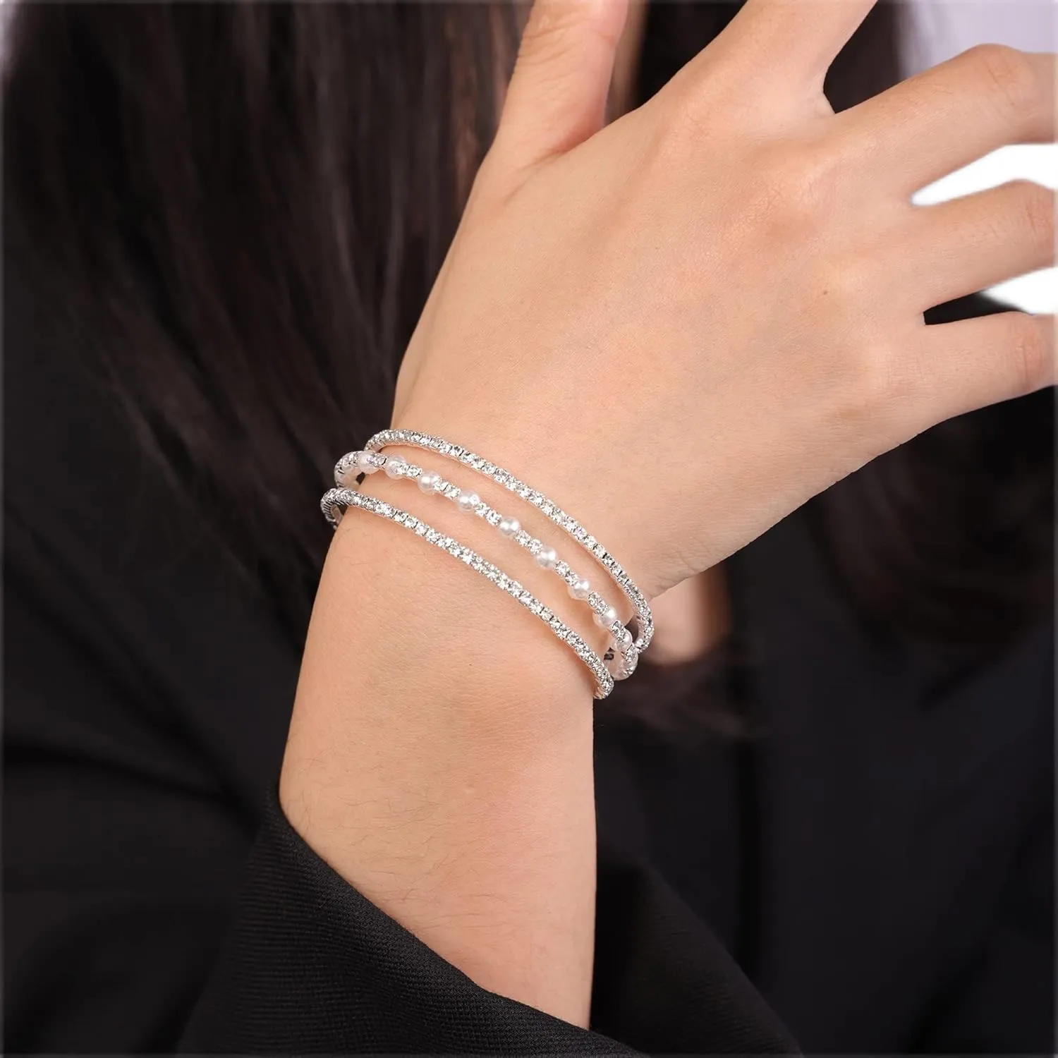 YERTTER Multi Row Layered Glitter Bracelets Faux Pearl Bracelet Stretch Tennis Chain Rhinestone Adjustable Band Cuff Elastic Bangle 1920s Bridal Body Jewelry Accessories for Women and Girls Wedding