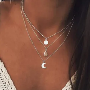 YienDoo Bohemian Multi-layer Necklace with Sequins Moon Water Drop Pendant Bead Choker Fashion Layered Necklaces Clavicle Chain Jewelry for Women (Silver)