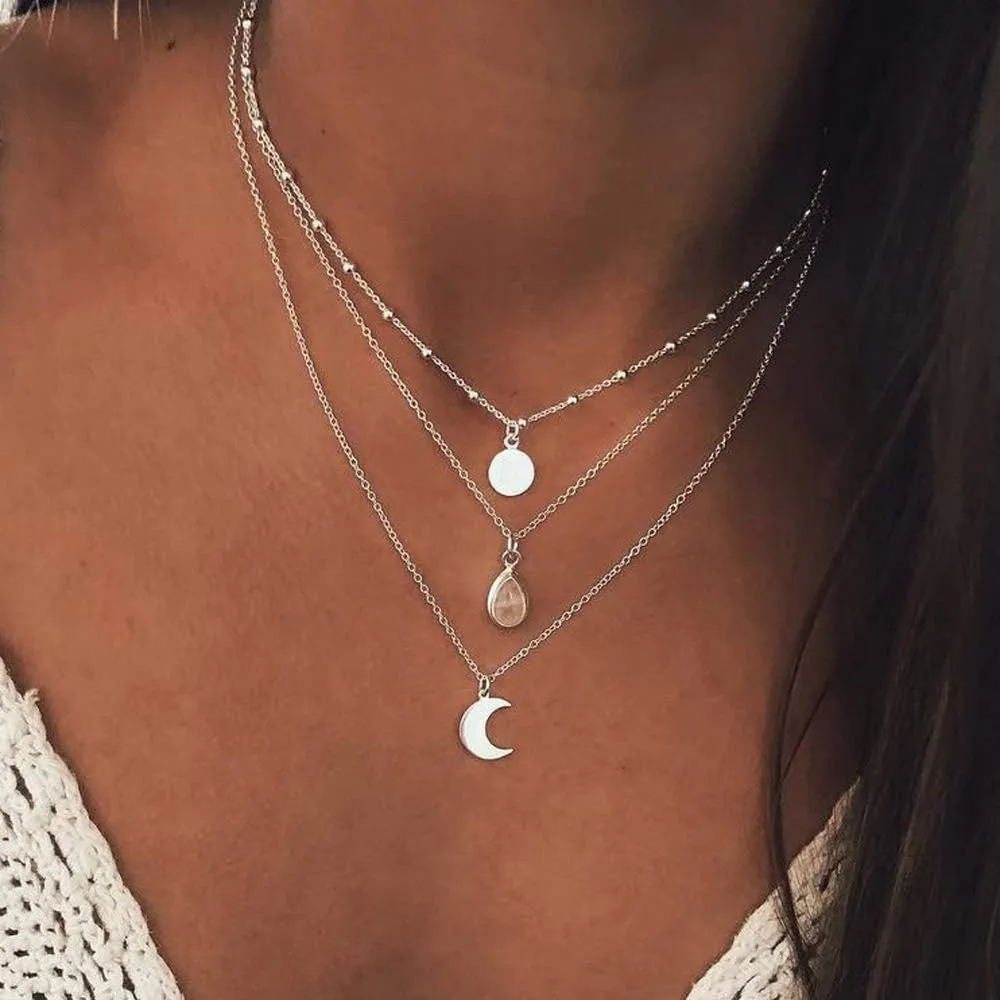 YienDoo Bohemian Multi-layer Necklace with Sequins Moon Water Drop Pendant Bead Choker Fashion Layered Necklaces Clavicle Chain Jewelry for Women (Silver)