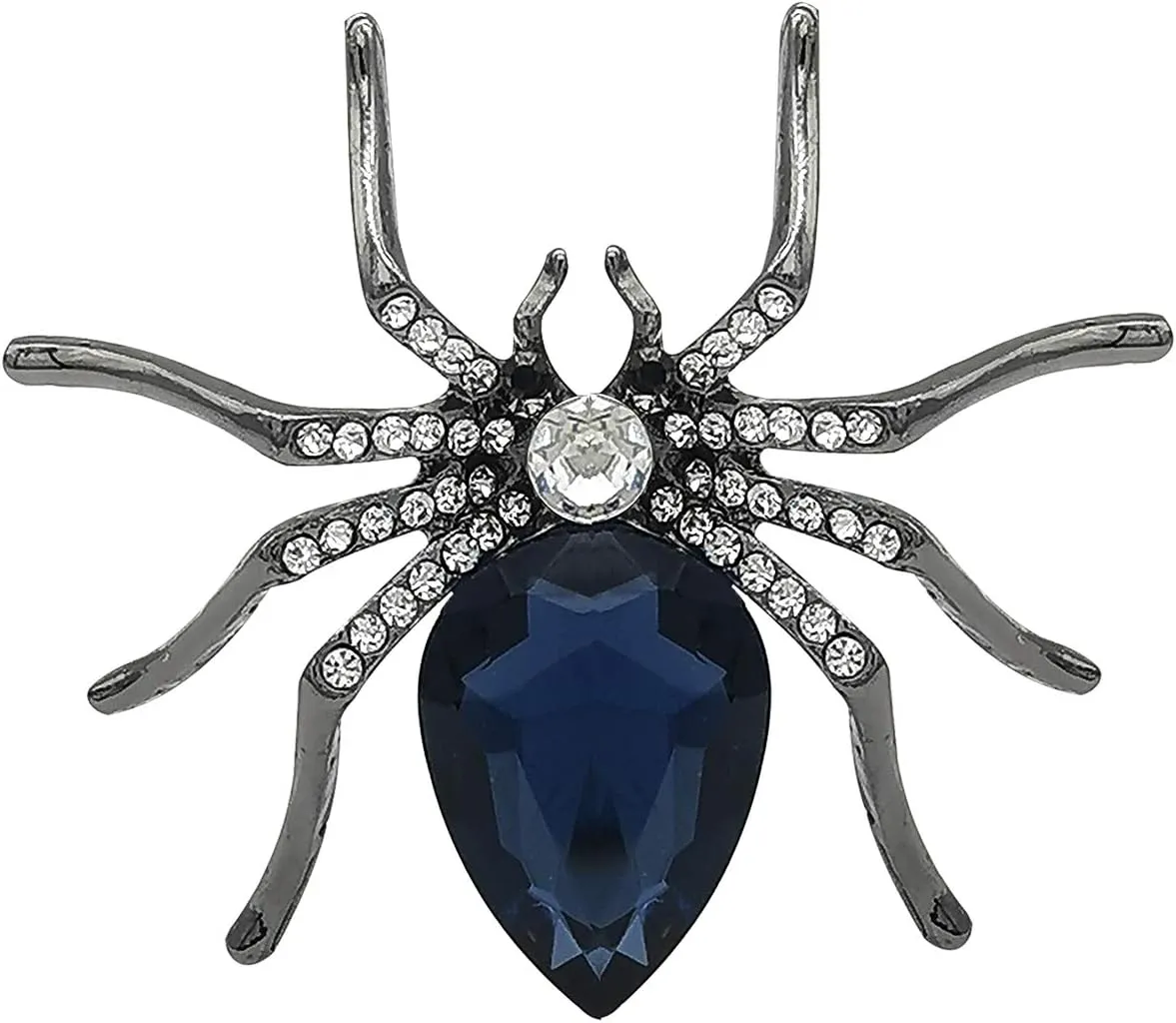 YOQUCOL Spider Shape Brooch Pins Carbon Black Tone Blue Rhinestone Zirconia Crystal Spider Brooch for Women