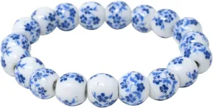 yueton 1Pack Elegant Porcelain Beads Bracelet Chinese Style Celadon Wrist Bracelet Retro Blue Flower Ceramics Bracelet for Women