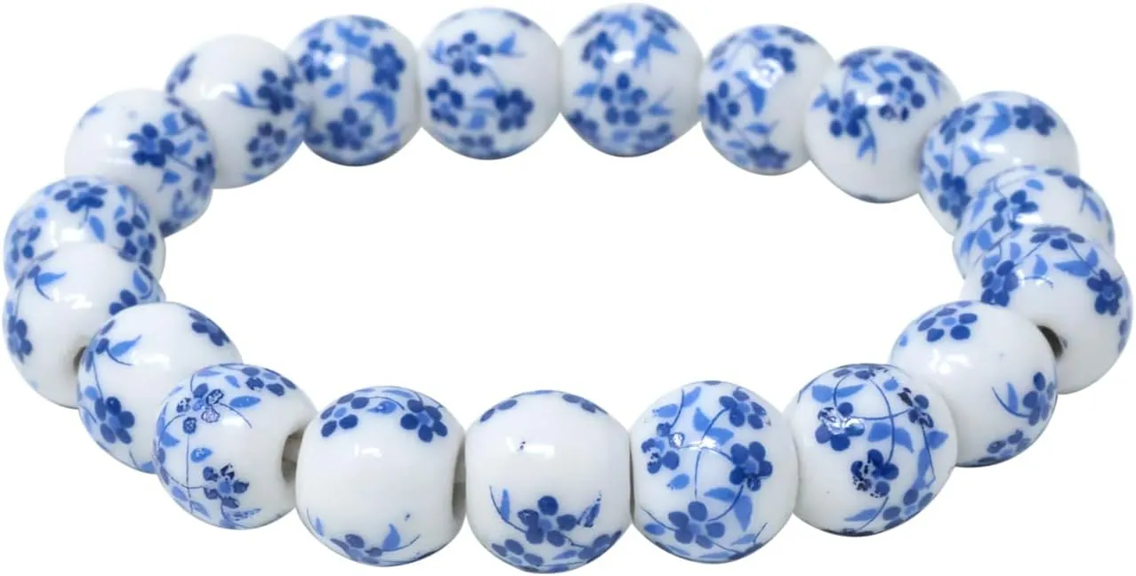 yueton 1Pack Elegant Porcelain Beads Bracelet Chinese Style Celadon Wrist Bracelet Retro Blue Flower Ceramics Bracelet for Women