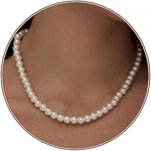 Zeffy Pearl Necklace 8MM Dainty Round Imitation Pearl Choker Necklace Wedding Pearl Necklace Delicate Jewelry for Women Simple Bridesmaid Jewelry Gifts