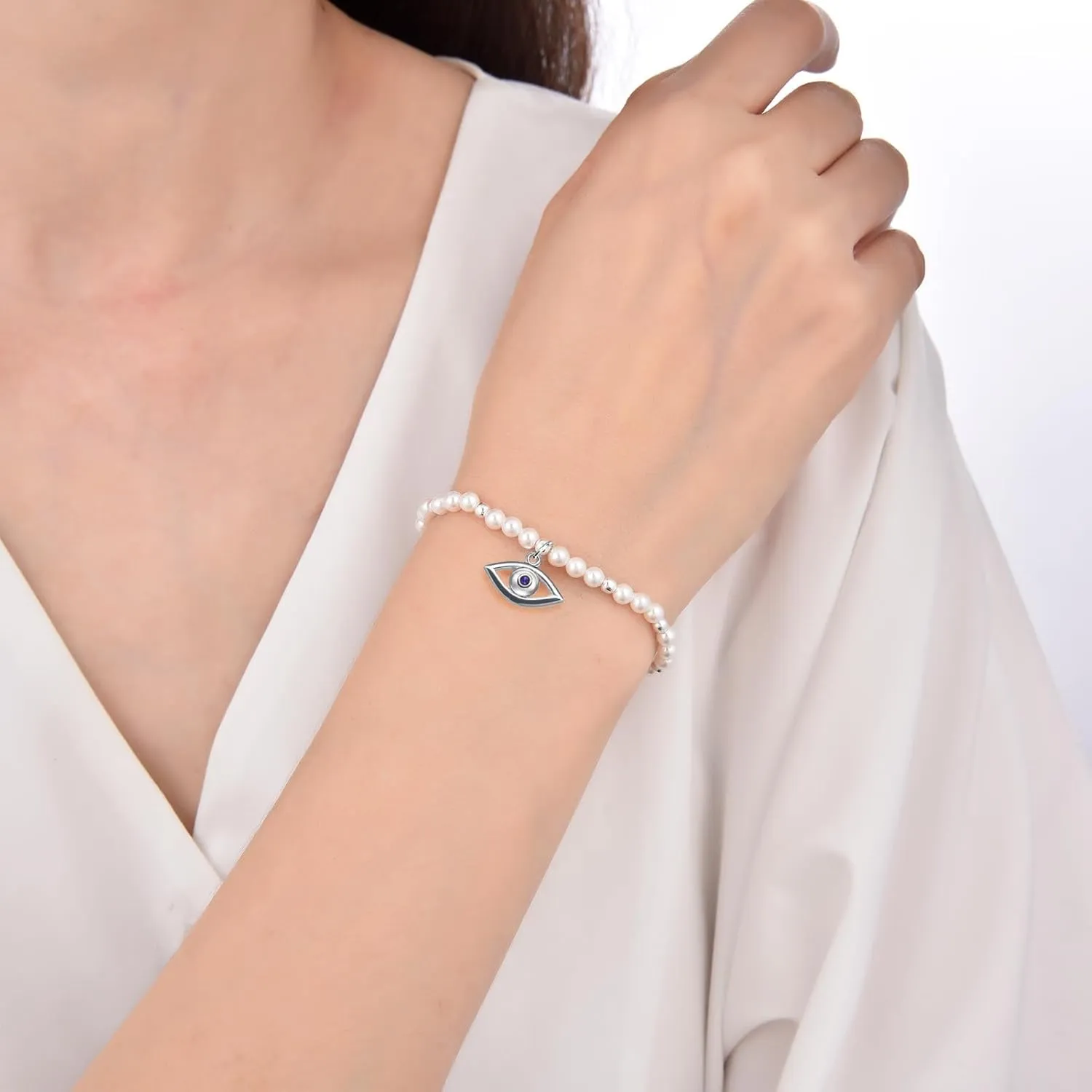 ZVVBOO 925 Sterling Silver Stretch Bracelet with Heart Pendant, Mother of Pearl, Womens Fine Jewelry, Gift for Party