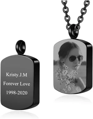 Zysta Ashes Keepsake Necklace Personalized Picture Engraving Dog Tag Urn Necklaces Stainless Steel Black Silver Military Amry Pendant Custom Photo Text Memorial Urns Cremation Jewelry